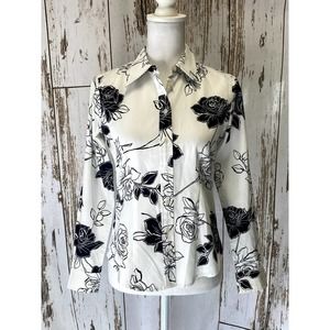 Jones New York White And Black Floral Print Cotton Button Up Blouse